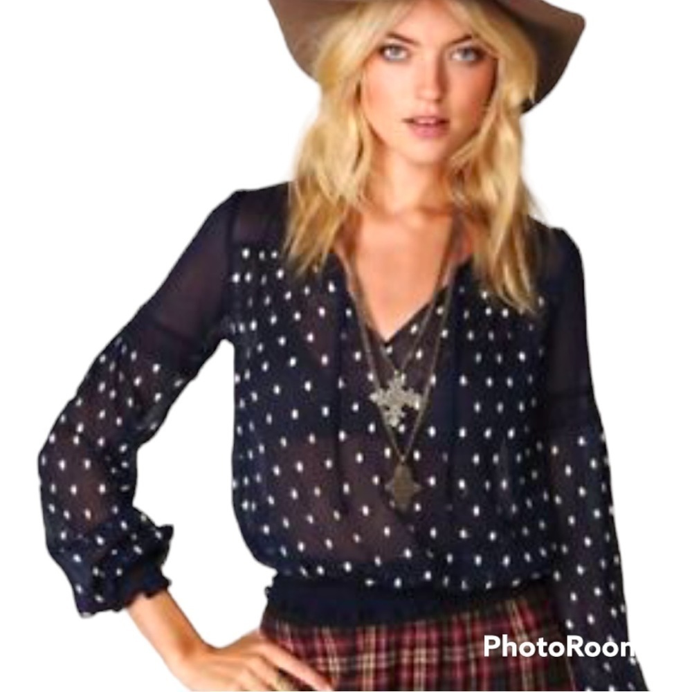 Free People navy blue polka dot sheer smocked embroidered Blouse